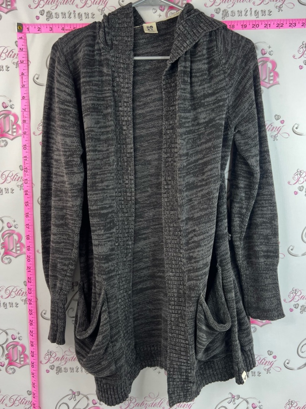 Roxy cardigan slouchy pockets knit Charcoal Gray Hooded Open Cardigan Sweater